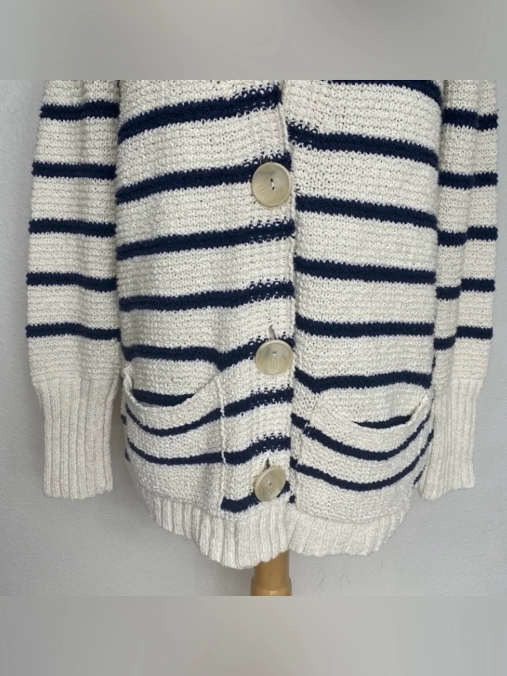 Free People Womens Cream Navy Stripe Cotton Coastal Thick Knit Cardigan Size L